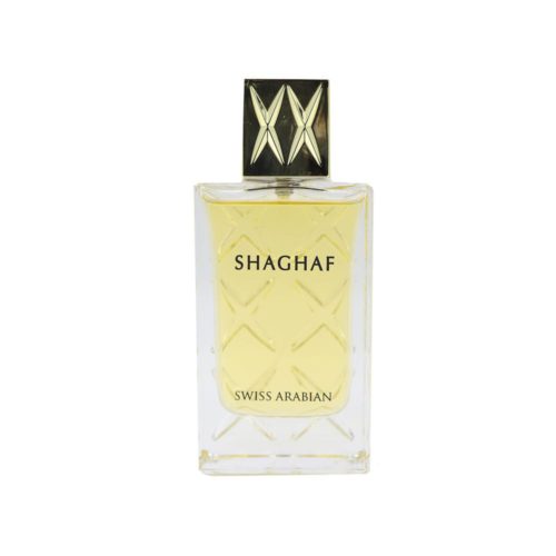 Bottle of Shaghaf For Women Eau de Parfum by Swiss Arabian, featuring a golden-yellow fragrance in a transparent glass bottle with a gold cap.