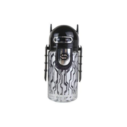 Close-up of the Spirit Noir Pour Homme perfume bottle shaped like a robot with black and silver futuristic lines.