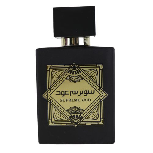 Supreme Oud by Dubai Essences bottle with elegant black and gold design.