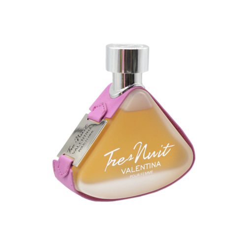 Close-up of the Tres Nuit Valentina perfume bottle by Armaf, in a triangular shape with pink leather strap and silver nameplate, filled with amber liquid.