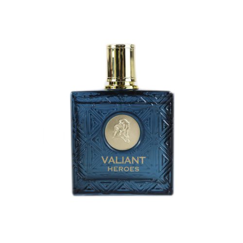 Close-up of the Valiant Heroes Eau de Parfum bottle for men with gold details.