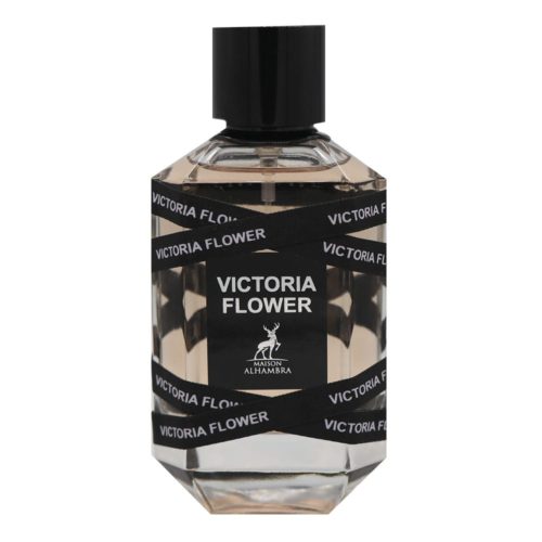 Close-up of the Victoria Flower perfume bottle wrapped in black ribbon printed with the brand name.