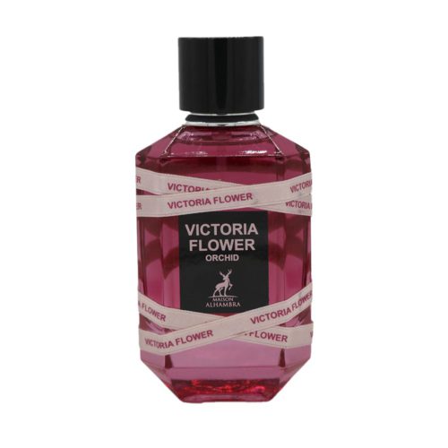 Close-up of the Victoria Flower Orchid perfume bottle with pink liquid and wrapped "Victoria Flower" ribbon.