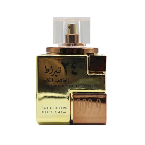 Isolated view of the luxurious golden 24 Carat Pure Gold perfume bottle, designed to resemble a gold bar with Arabic calligraphy and a transparent cap.