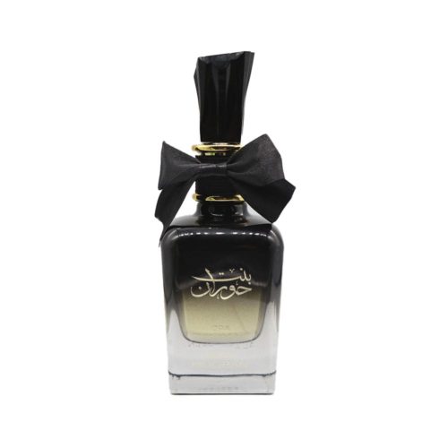 Front view of the perfume bottle Bint Hooran by Ard Al Zaafaran, showcasing a gradient black-and-clear glass design with golden Arabic calligraphy and a black bow around the neck.