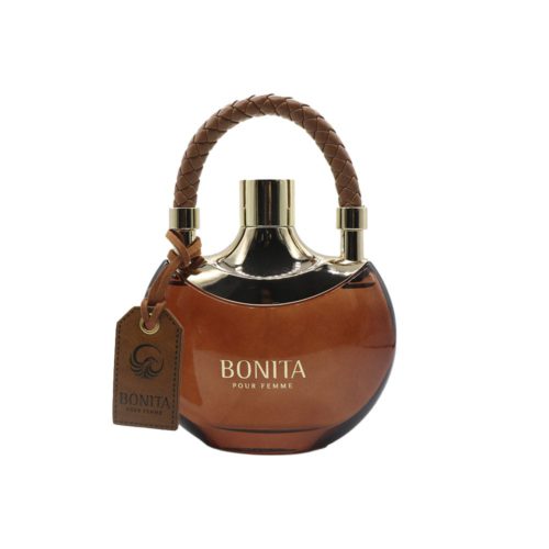 Close-up of the Bonita Pour Femme perfume bottle by Le Falcone with a braided leather handle and gold details.