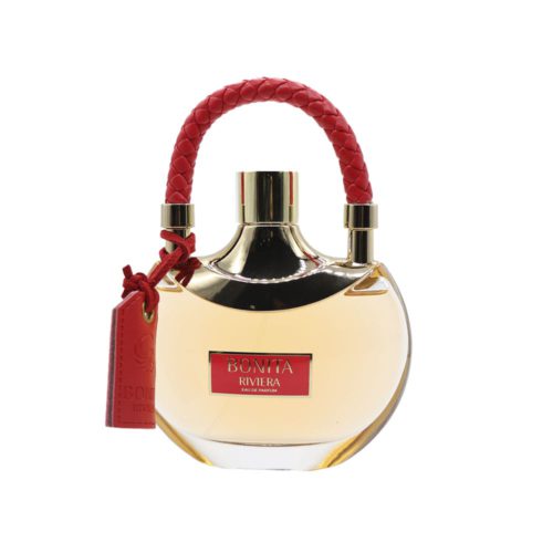 Front view of the Bonita Riviera Eau de Parfum bottle, featuring a round transparent design with a gold cap and red braided handle.