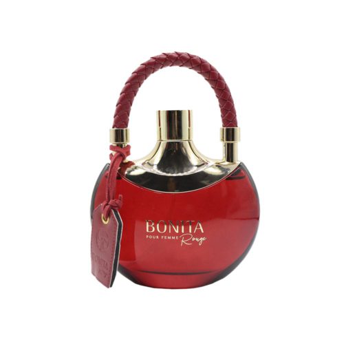 Close-up of the Bonita Rouge Pour Femme perfume bottle by Le Falcone, with a shiny red round design and braided leather handle.