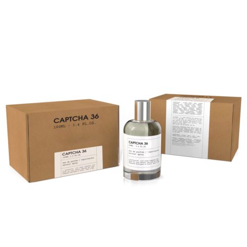 Captcha 36 EDP 100ml unisex perfume displayed with minimalist brown packaging, showing both the bottle and box from different angles.