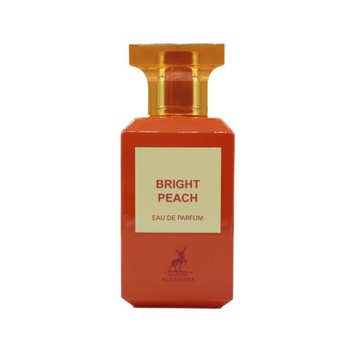 Front view of the Bright Peach Eau de Parfum bottle by Maison Alhambra in vibrant orange with gold accents.