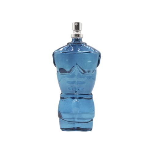 D’Homme perfume bottle shaped like a male torso in transparent blue glass, with silver atomizer.
