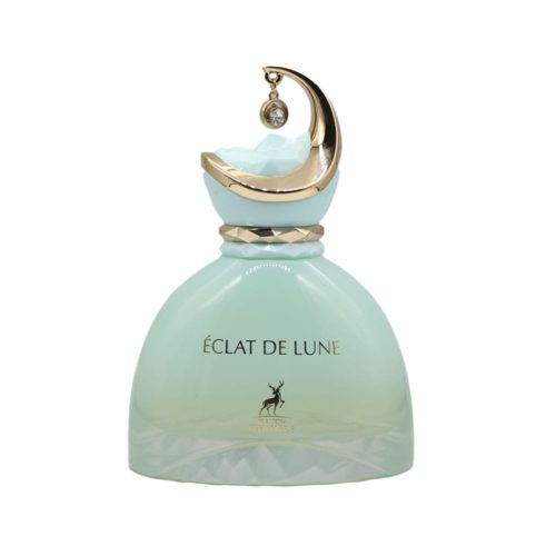 Close-up of the Éclat De Lune perfume bottle in a soft aqua gradient with a golden crescent moon-shaped cap and hanging gem.