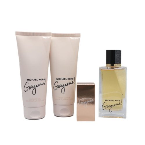 Close-up of Michael Kors Gorgeous set with body lotion, shower gel, mini spray, and EDP bottle on a white background.