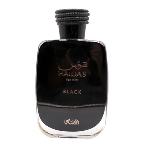 Close-up of the Hawas Black perfume bottle with black glossy finish and Arabic script.