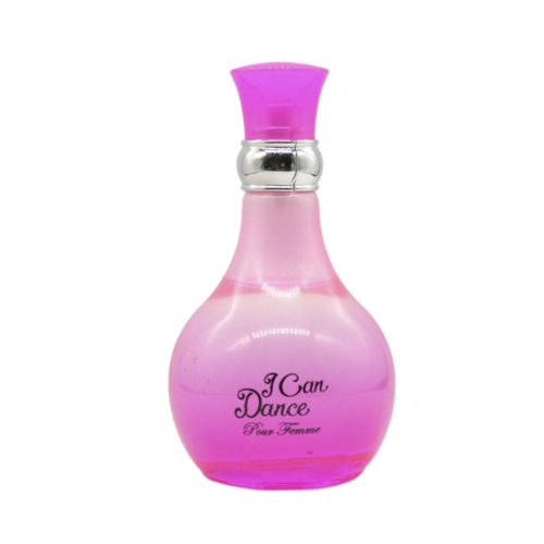 Front view of the I Can Dance Pour Femme perfume bottle by Dubai Essences, featuring a curved pink gradient design with a silver neck and magenta cap.
