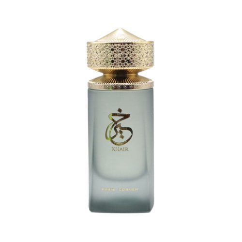 Close-up of the Khair perfume bottle in matte glass with golden details and an ornate cap design.