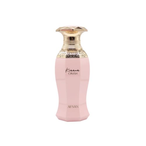 Close-up of Kiaana Crush perfume bottle with gold-engraved cap and soft pink body.