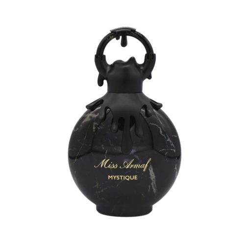 Isolated view of the Miss Armaf Mystique bottle in a black marble-like design with a sculpted cap and golden typography.