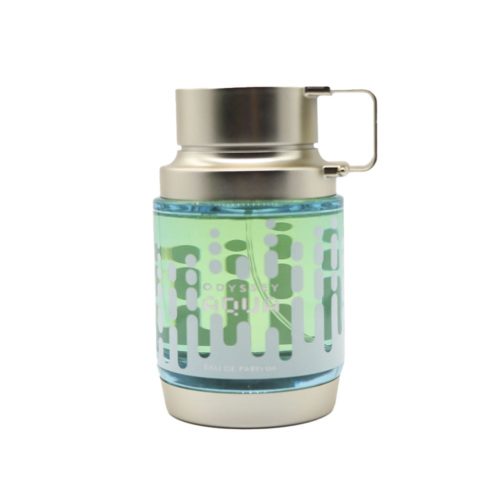 Front view of the Odyssey Aqua Edition perfume bottle by Armaf, with a metallic silver cap and transparent bottle filled with light blue-green liquid.