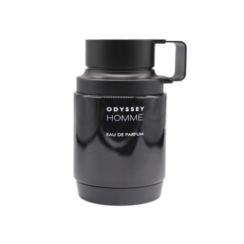 Close-up of the Odyssey Homme perfume bottle in a sleek matte black design with a handle.