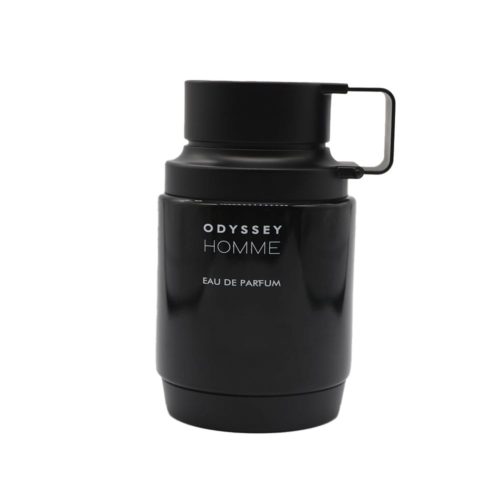 Odyssey Homme perfume bottle by Armaf, in matte black with a bold masculine design and a side handle.