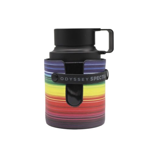 Close-up of the Odyssey Spectra perfume bottle by Armaf, wrapped in vibrant horizontal rainbow stripes with black details.