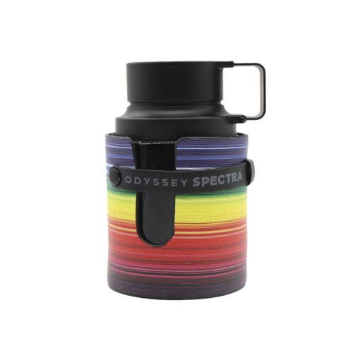Close-up of the Odyssey Spectra perfume bottle by Armaf, wrapped in vibrant horizontal rainbow stripes with black details.