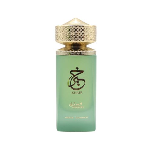 Close-up of Pistachio Khair perfume bottle by Paris Corner in green matte glass with gold-engraved cap.