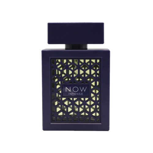 Isolated view of the Rave Now Intense perfume bottle with a see-through lattice front and bold blue rectangular cap.