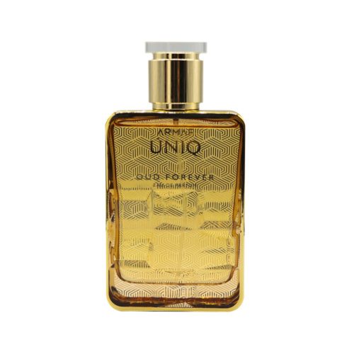 Isolated view of the Uniq Oud Forever bottle by Armaf, revealing the detailed gold geometric pattern on the bottle.