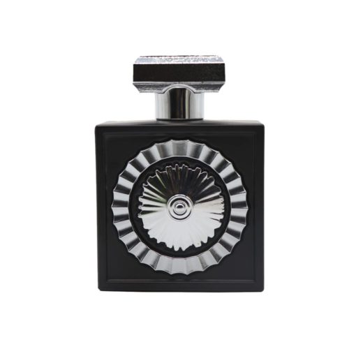 Front view of Wajood Eau de Parfum bottle by Lattafa, featuring a black rectangular design with a silver ornamental circular accent and shiny silver cap.