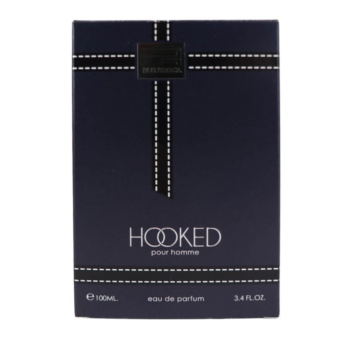 Rue Broca Hooked EDP 100 ml box front view with black design and stitched white line accents.