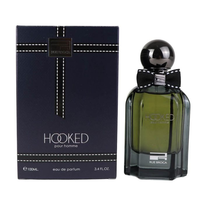 Rue Broca Hooked EDP 100 ml perfume bottle and box side by side, bottle with black bow tie and shiny cap.