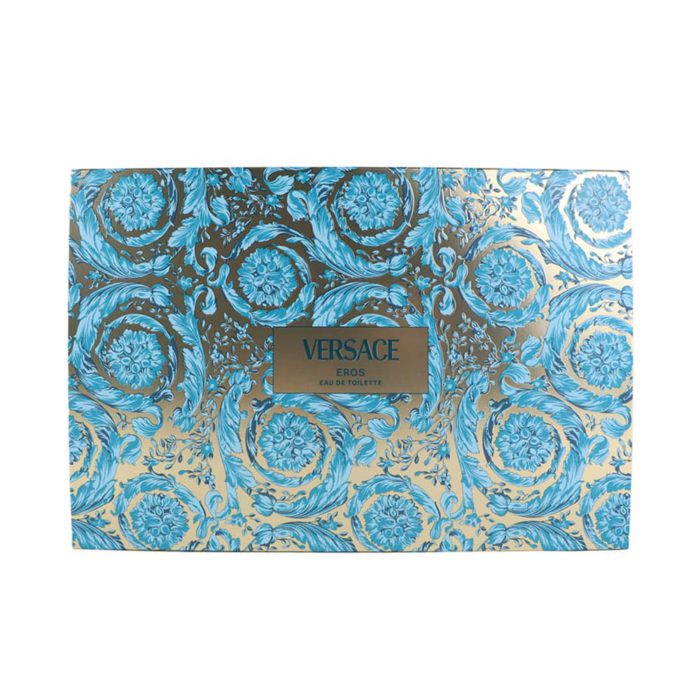 Versace Eros Gift Set box with intricate blue and gold baroque pattern and central label.