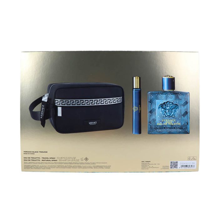 Back view of Versace Eros Gift Set showing contents: fragrance bottle, travel spray, and toiletry bag.