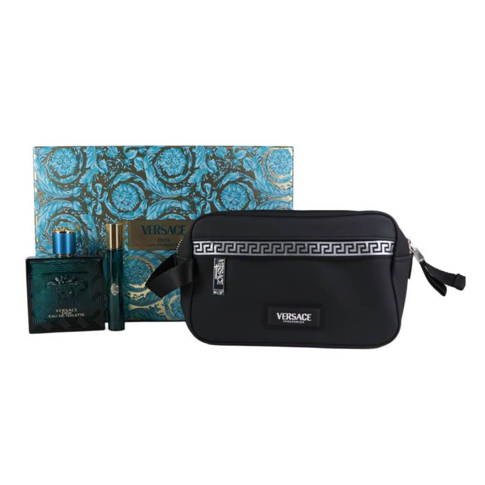 Complete Versace Eros Gift Set presentation with EDT bottle, travel spray, toiletry bag, and packaging.