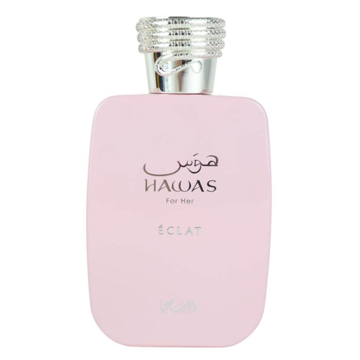 Hawas Eclat For Her EDP 100 ml bottle with soft pink finish, silver cap, and elegant Arabic and English text.
