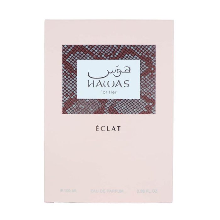 Front view of Hawas Eclat For Her box in pink with textured snake-skin pattern and centered logo.