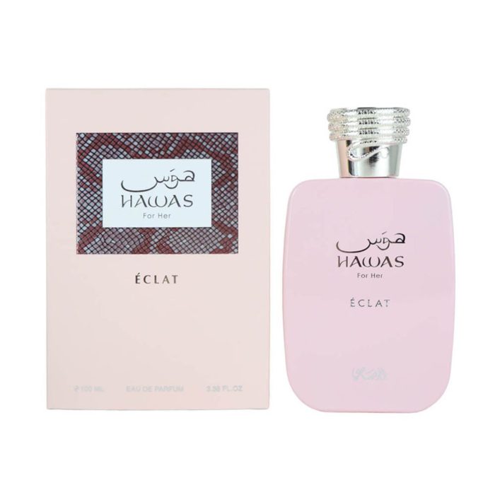 Open presentation of Hawas Eclat For Her bottle next to box, highlighting full packaging design.