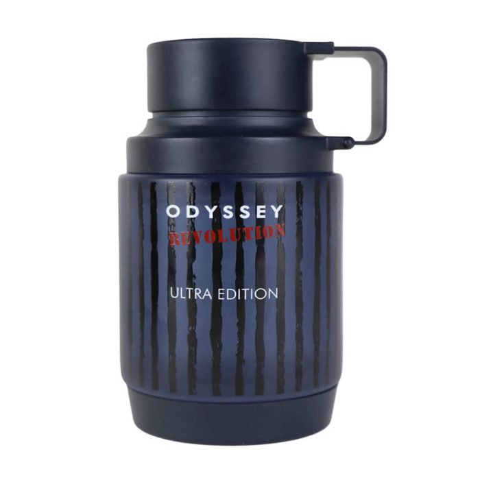 Botella de Odyssey Revolution Ultra Edition EDP 100 ml para hombre con diseño cilíndrico moderno oscuro y asa lateral.