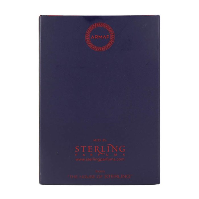 Parte trasera de la caja de Odyssey Revolution Ultra Edition mostrando logotipos de Armaf y Sterling Parfums en rojo.
