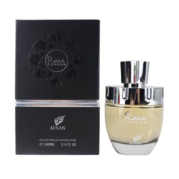 Rare Carbon For Men EDP 100 ml bottle by Afnan with sleek black finish, silver cap, and white elegant lettering.