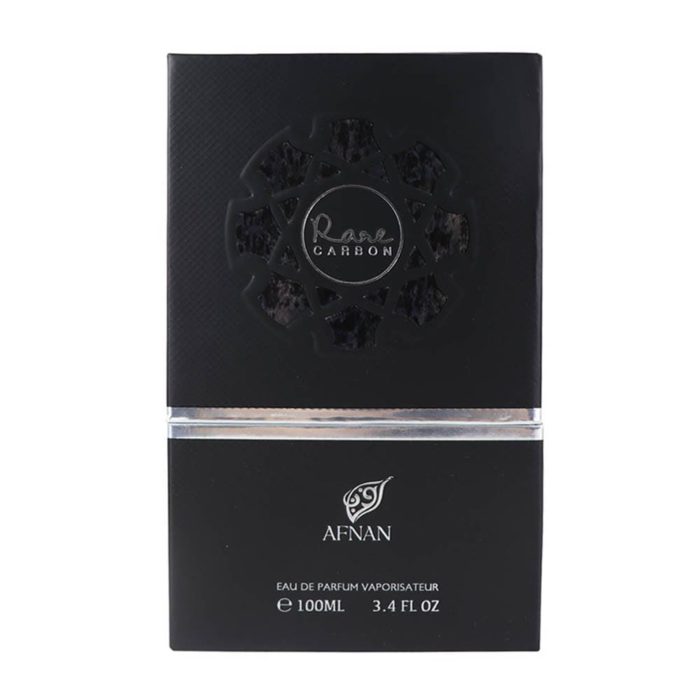 Back view of Rare Carbon For Men box showing brand details, ingredients, and Arabic script.