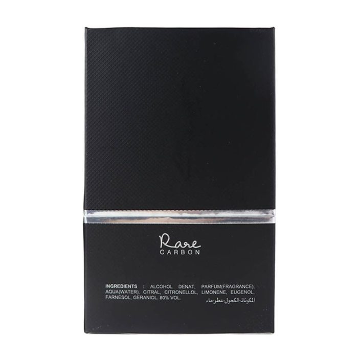Open presentation of Rare Carbon For Men bottle next to its box, showcasing full packaging design.