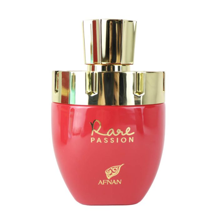Rare Passion For Women EDP 100 ml bottle by Afnan in vibrant red with gold cap and elegant gold lettering.