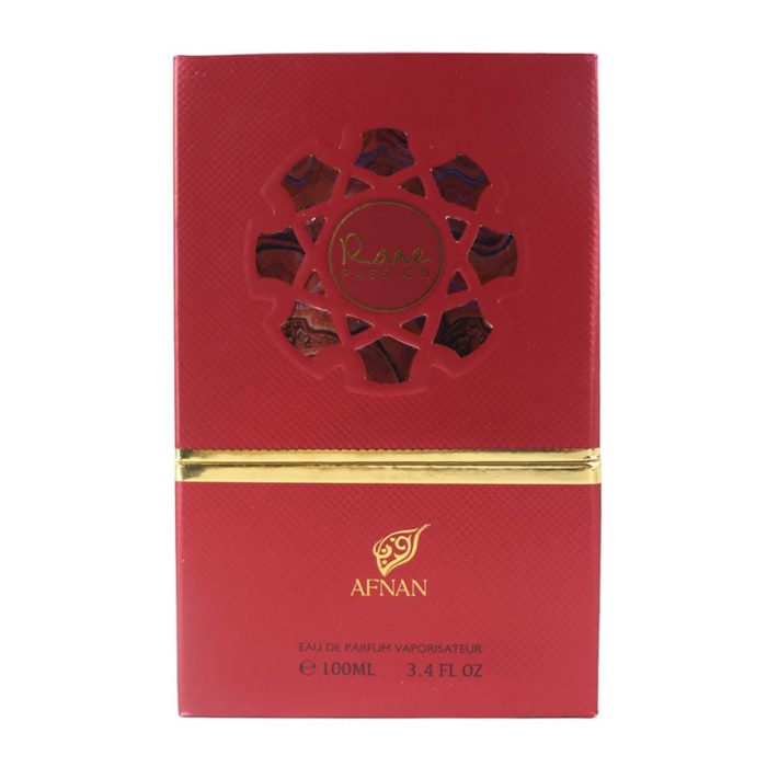 Front view of Rare Passion For Women box in red with intricate window design and gold accent line.