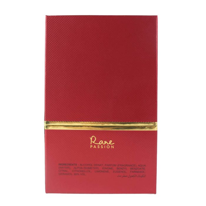 Back view of Rare Passion For Women box showing ingredients list and product details.