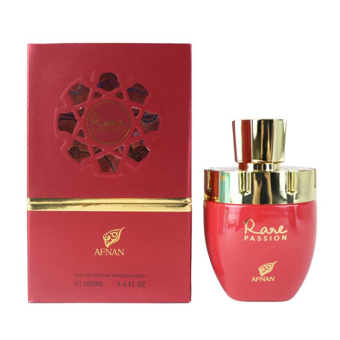 Open presentation of Rare Passion For Women bottle next to its box, showcasing full packaging design.