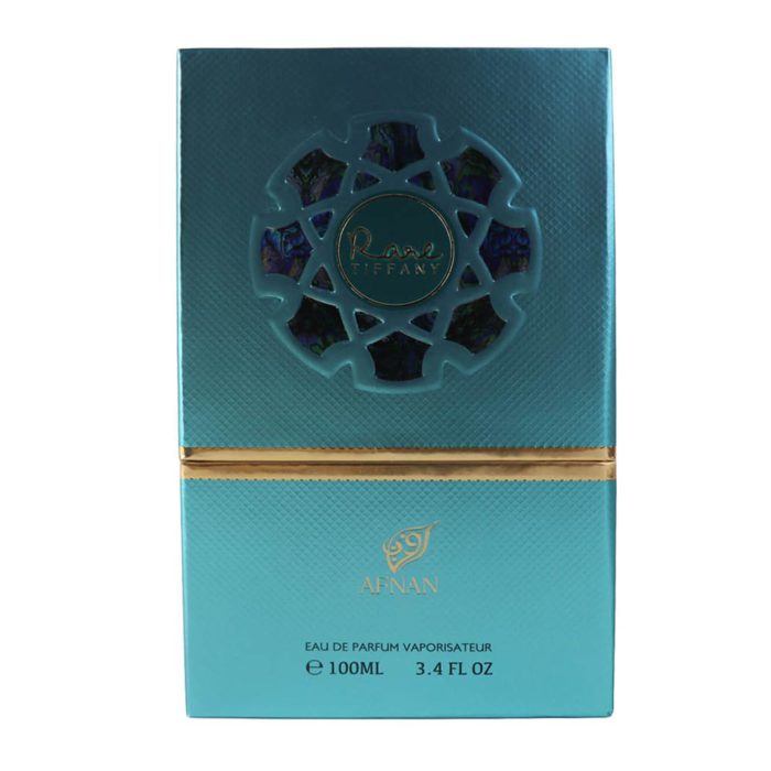 Front view of Rare Tiffany EDP box in turquoise with embossed pattern and centered gold-accented logo.
