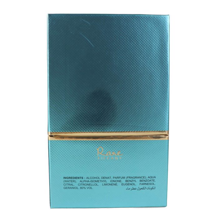 Back view of Rare Tiffany EDP box showing ingredients and product information in gold text.